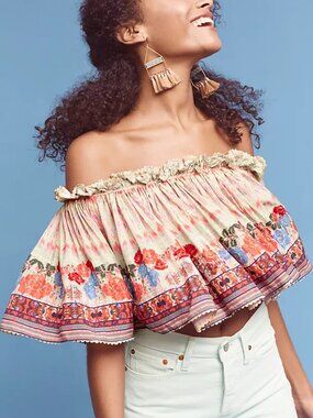 Anthropologie Bhanuni Floral Off-Shoulder Cropped Sequin Top